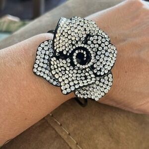Black And Crystal Flower Cuff‎ Bracelet with Hinge Closure.